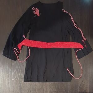Black Dress with Red Embroidery and Belt